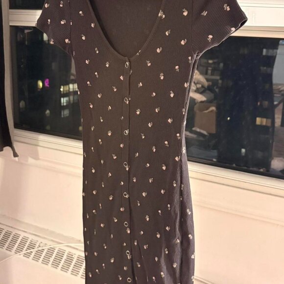 Brown mini A-line dress with white flowers #minidress - Picture 1 of 1